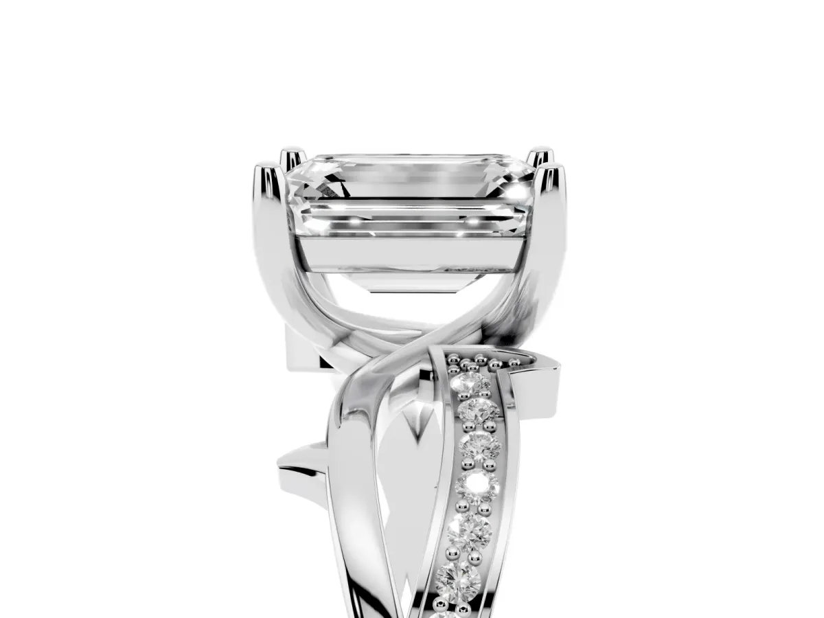 Emerald Cut Solitaire Twist Band with Pavé Accents and Four-Prong Setting Platinum