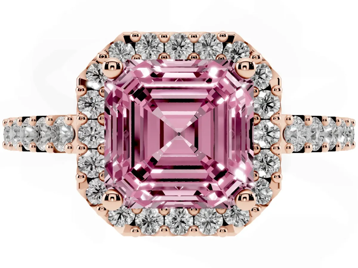 Fancy Pink Asscher Cut Halo Diamond Pavé Solitaire Ring Rose gold