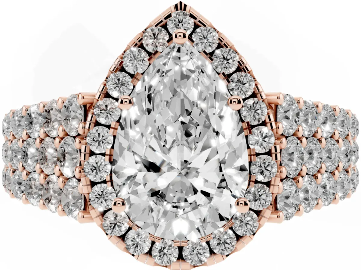 Pear Cut Diamond Halo Engagement Ring with Triple Row Round Pavé Band and Prong Setting Rose gold