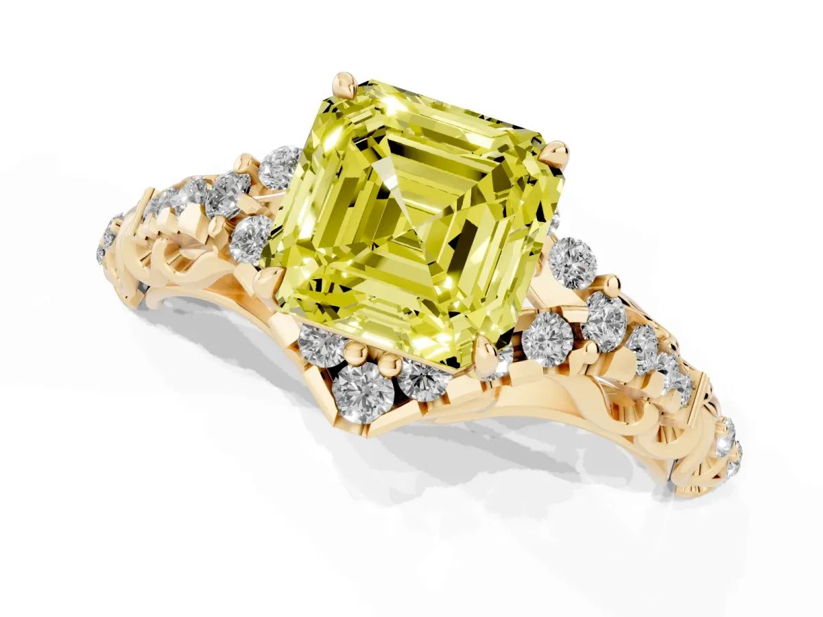 Fancy Yellow Asscher Cut Diamond Solitaire Ring with Hidden Halo and Pavé Band Yellow gold