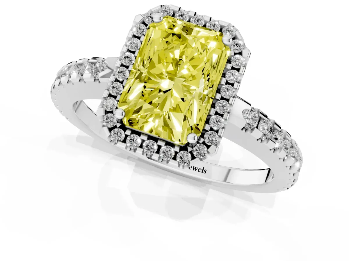 Fancy Yellow Radiant Cut Diamond Halo Engagement Ring with Pavé Band and Prong Setting Silver