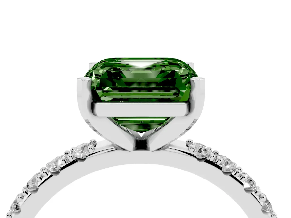 Fancy Green Asscher Cut Diamond Solitaire Pavé Band with Four-Prong Setting Silver