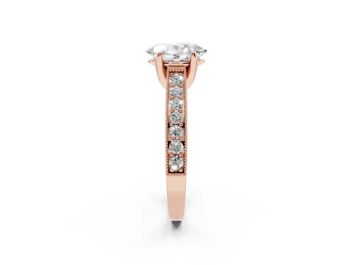 Oval Cut Cut Diamond Solitaire Ring with Milgrain Pave Band and Four Prong Setting Rose gold