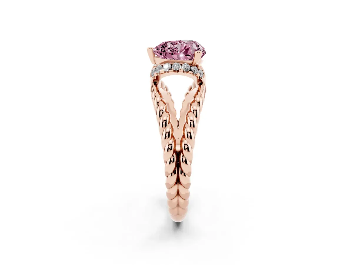 Fancy Pink Heart Cut Halo Twisted Band Four-Prong Ring Rose gold