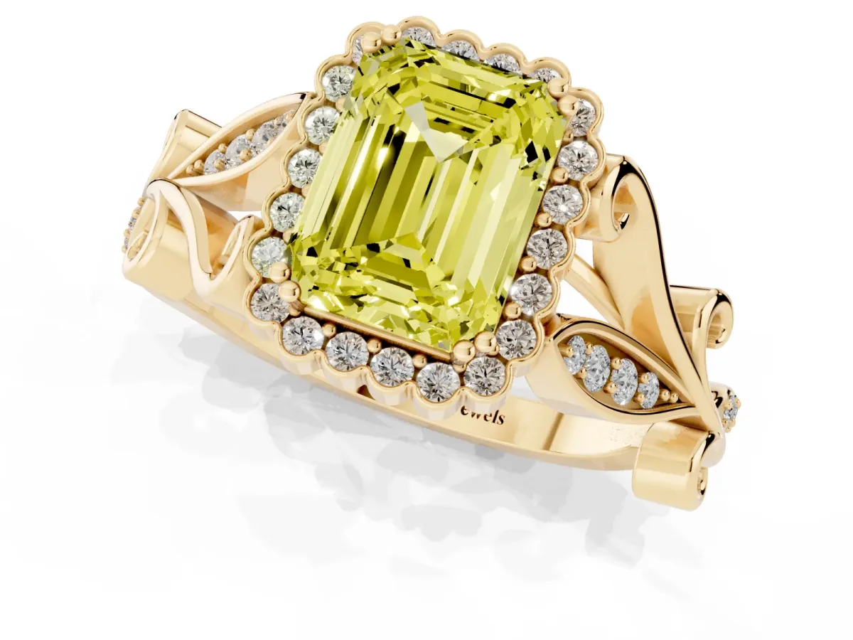 Fancy Yellow Emerald Cut Diamond Halo Ring with Vintage Split Shank and Four-Prong Setting Yellow gold
