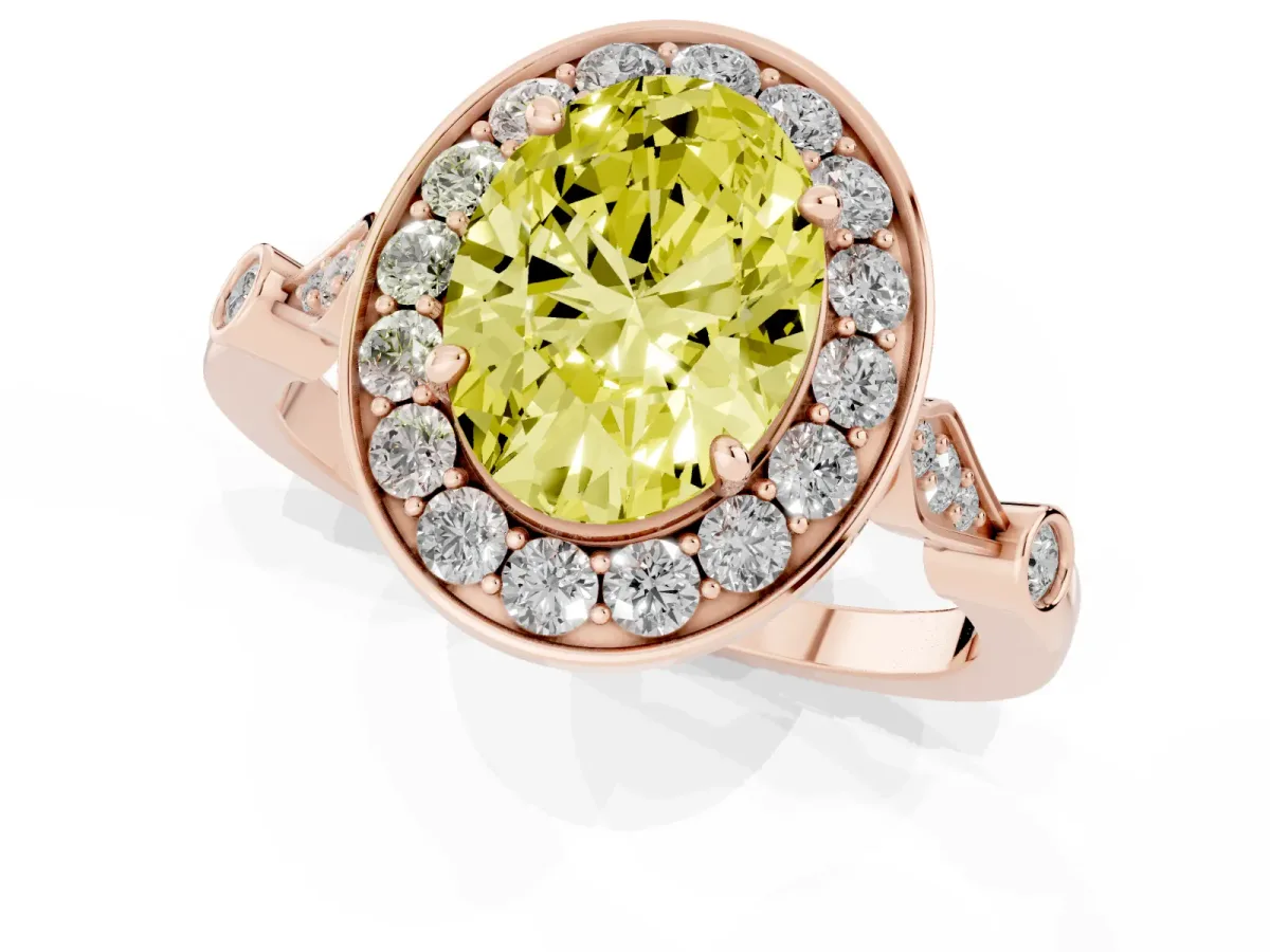 Fancy Yellow Oval Cut Halo Diamond Engagement Ring with Twisted Band and Four-Prong Setting Rose gold