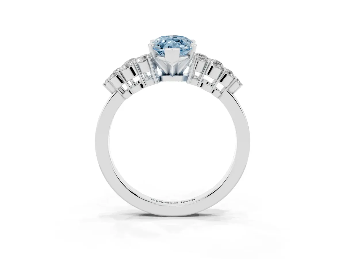 Fancy Blue Marquise Cut Cluster Diamond Engagement Ring with Pavé Band and Four-Prong Setting Silver