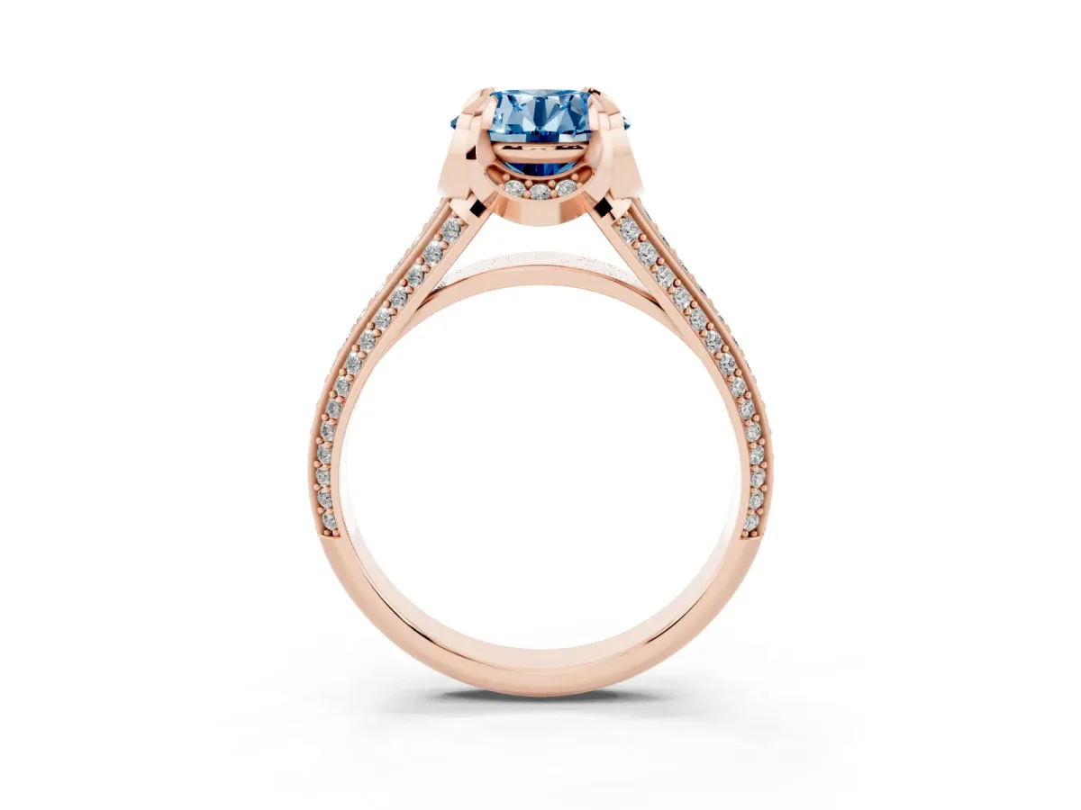 Fancy Blue Round Cut Solitaire Pave Split Shank Ring with Four-Prong Setting Rose gold