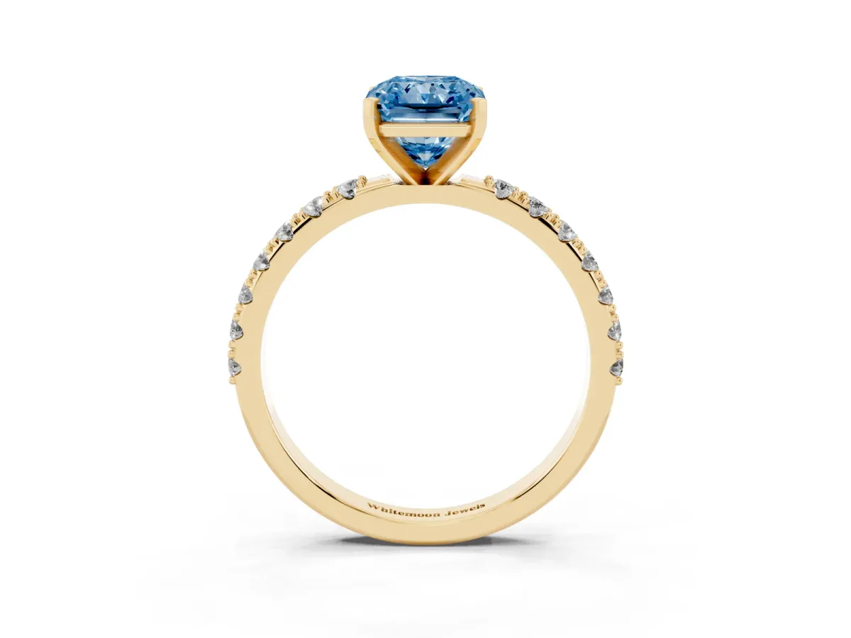 Fancy Blue Radiant Cut Diamond Solitaire Pavé Band with Four-Prong Setting Yellow gold