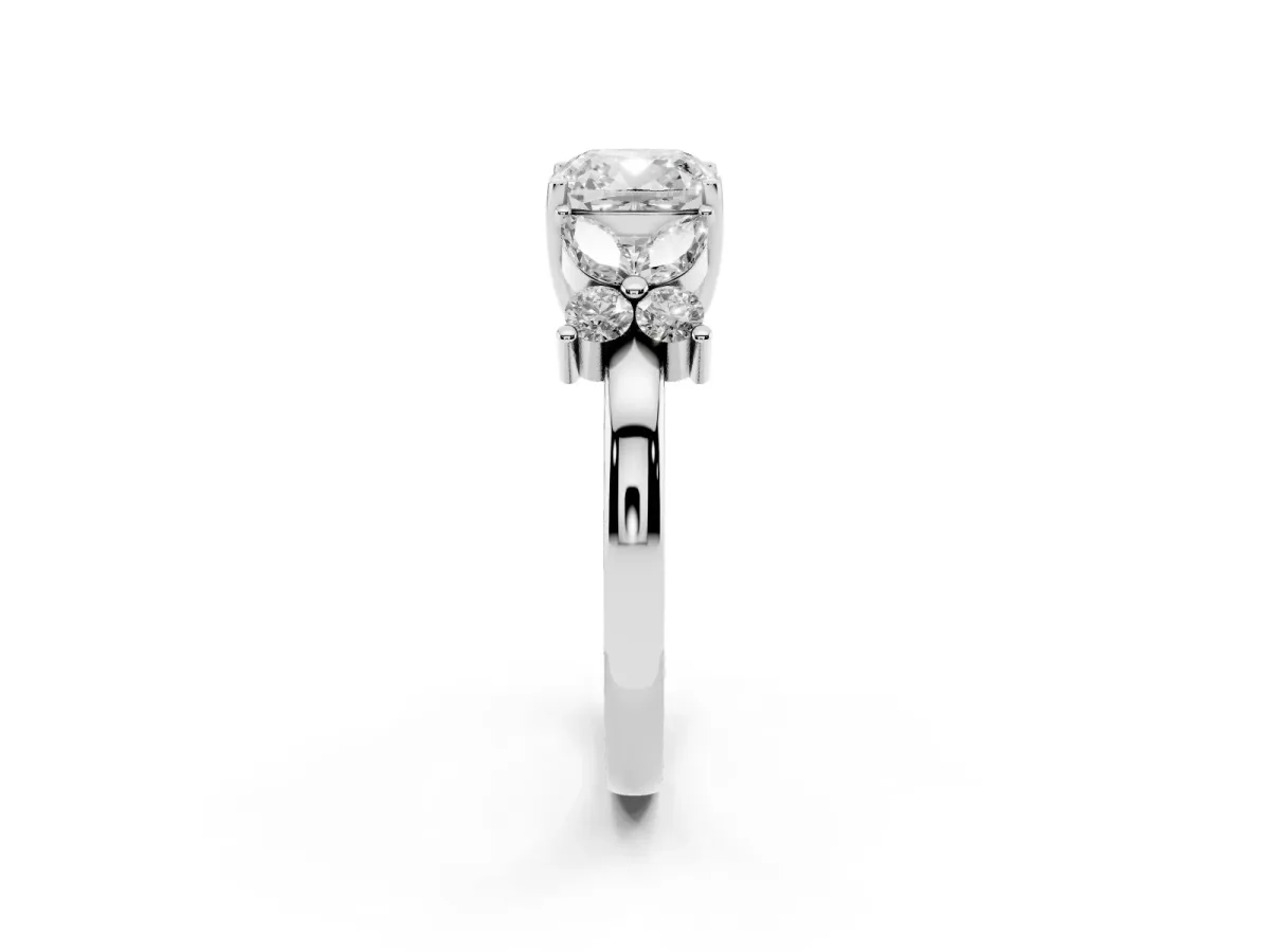Cushion Cut Diamond Floral Cluster Ring with Solitaire Band and Prong Setting Silver