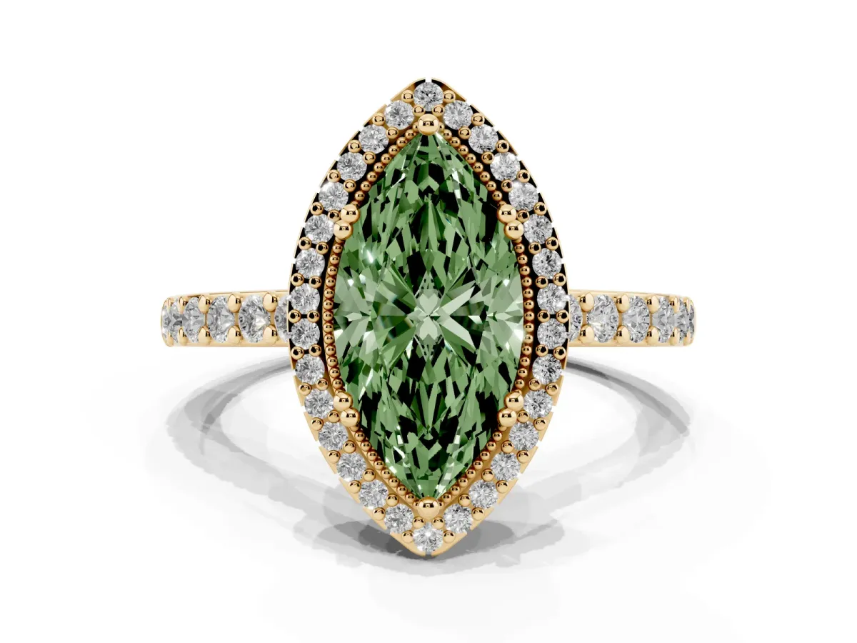 Fancy Green Marquise Cut Cut Diamond Halo Engagement Ring with Milgrain Detail and Pavé Band Yellow gold
