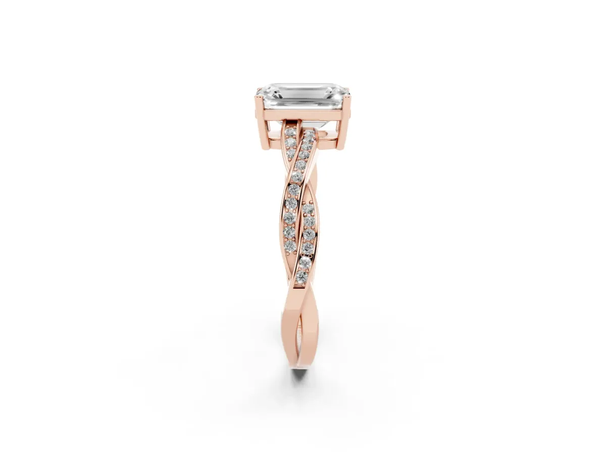 Emerald Cut Solitaire Twisted Pave Diamond Ring with Four-Prong Setting Rose gold
