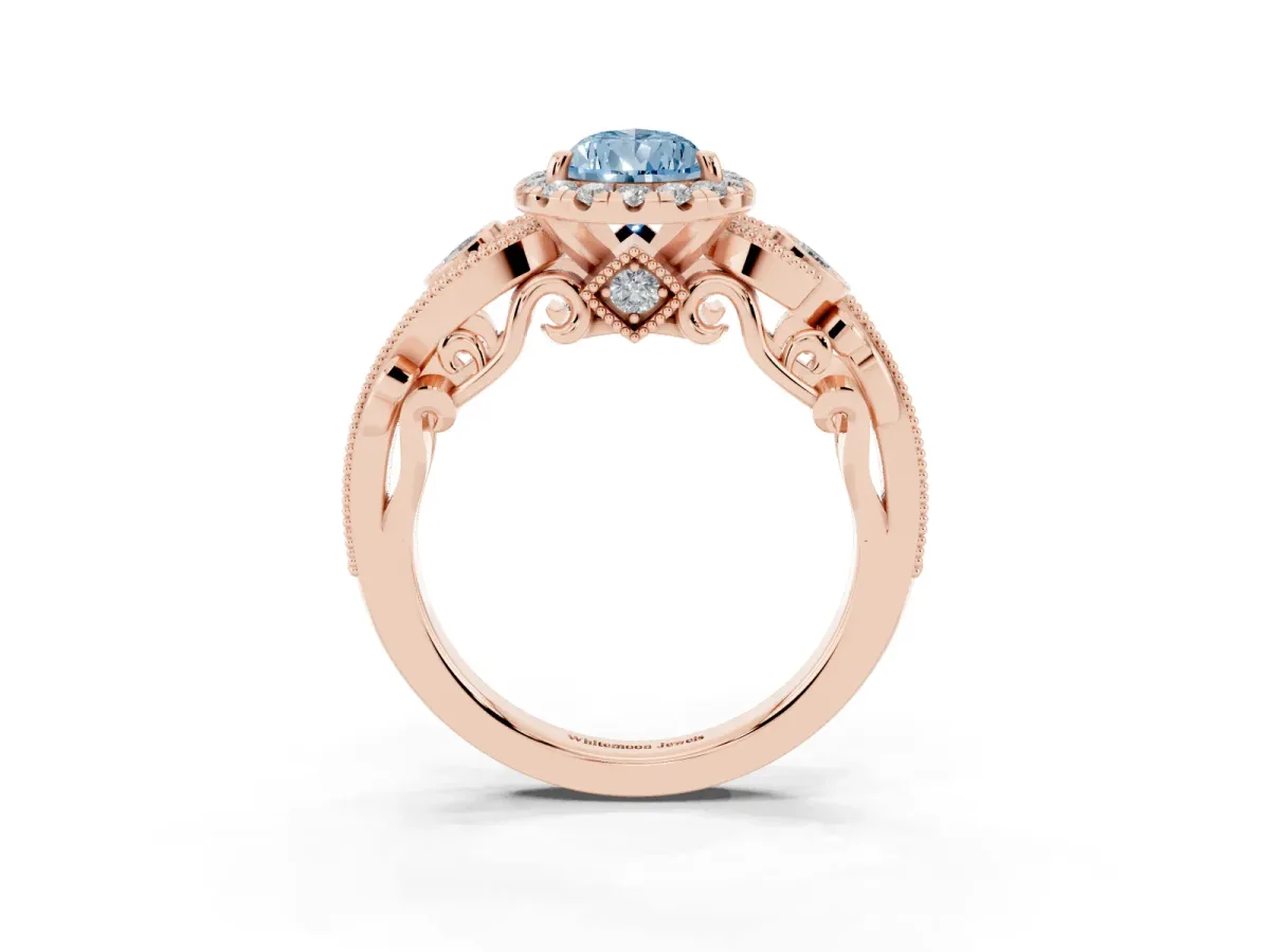 Fancy Blue Pear Cut Diamond Halo Ring with Milgrain Pavé Band and Four-Prong Setting Rose gold