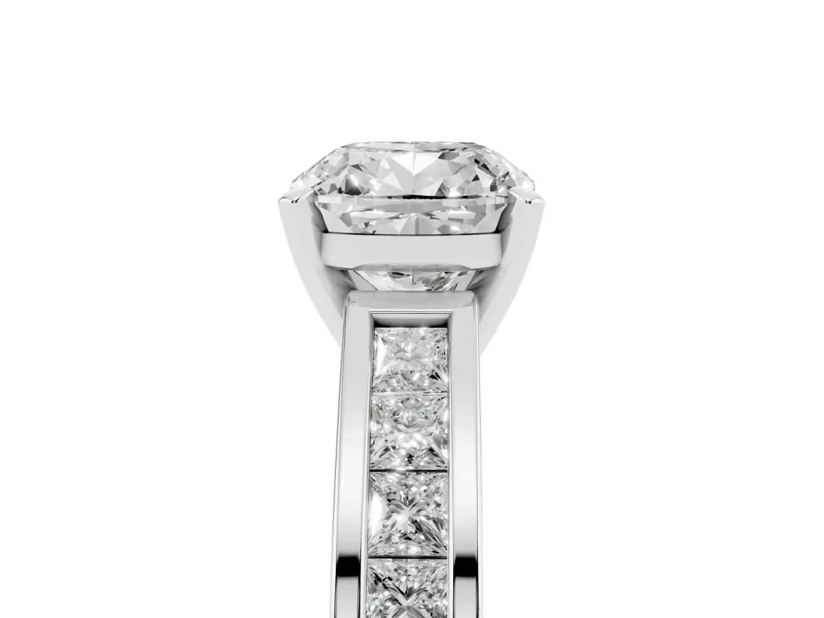 Cushion Cut Solitaire Diamond Ring with Channel-Set Band and Four-Prong Setting Platinum