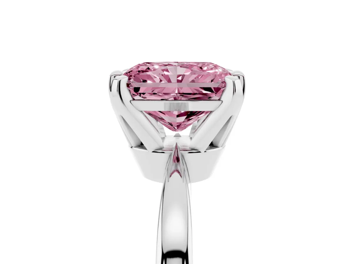 Fancy Pink Radiant Cut Solitaire Engagement Ring with Six-Prong Setting and Tapered Band Platinum