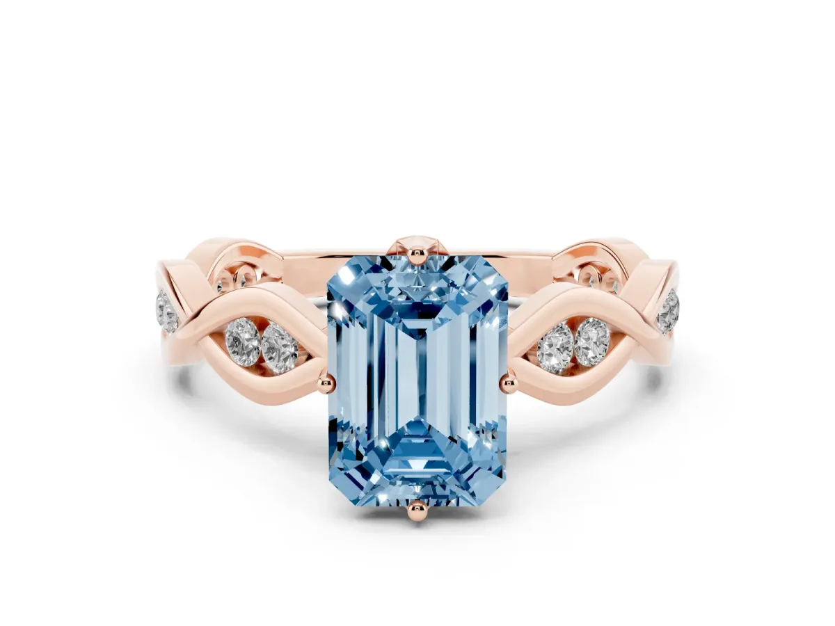 Fancy Blue Emerald Cut Solitaire Twist Band with Leaf Prong Setting Rose gold