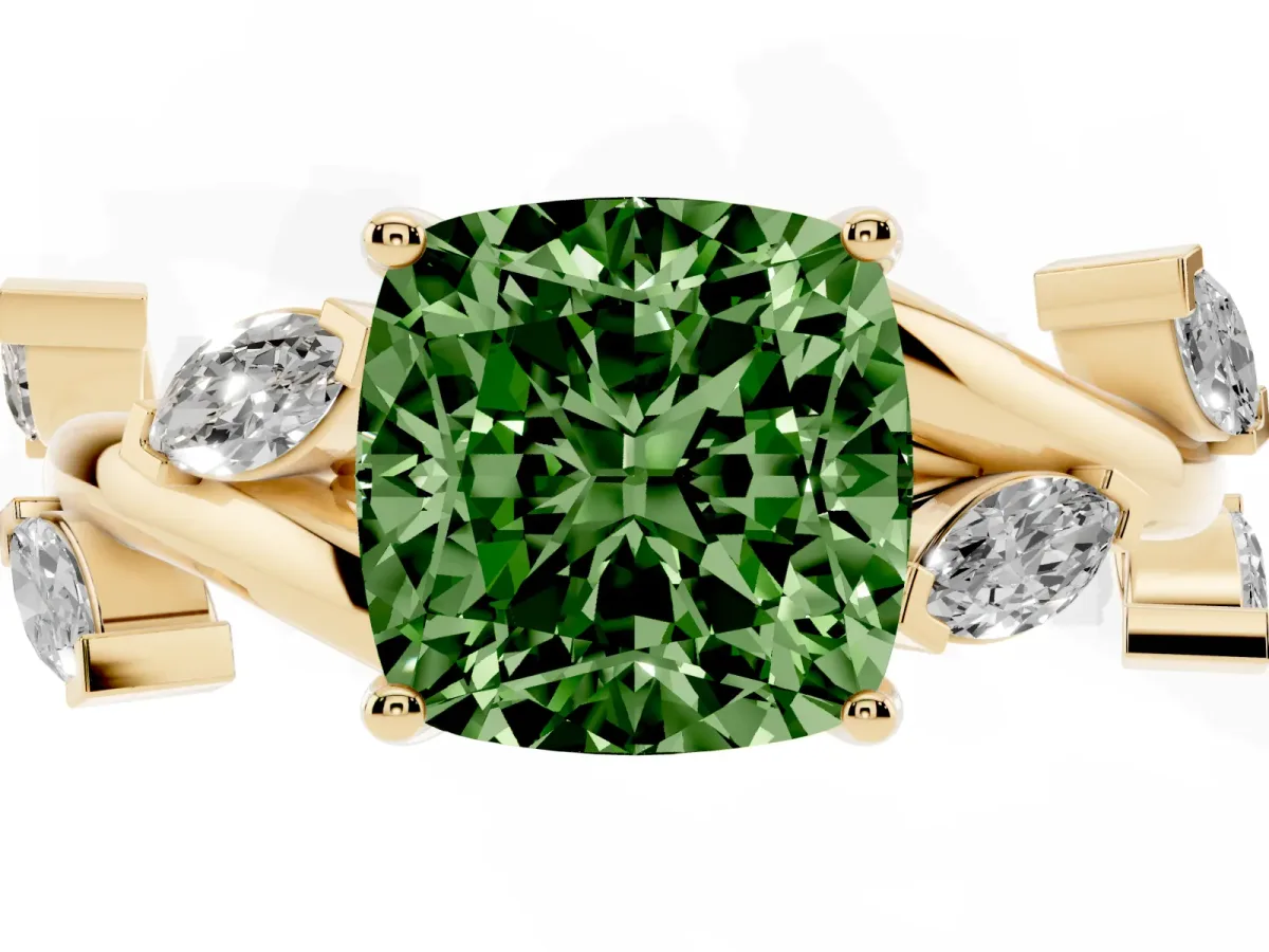 Fancy Green Cushion Cut Solitaire Twisted Band Marquise Accent Prong Setting Ring Yellow gold