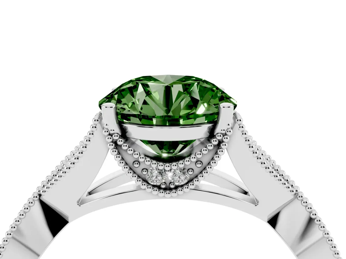 Fancy Green Round Cut Cut Diamond Twisted Band with Milgrain Pave Setting and Four-Prong Setting Silver