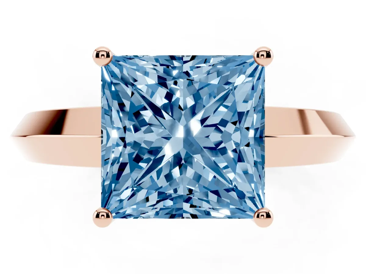 Fancy Blue Princess Cut Cut Solitaire Engagement Ring with Flat Band and Four-Prong Setting Rose gold