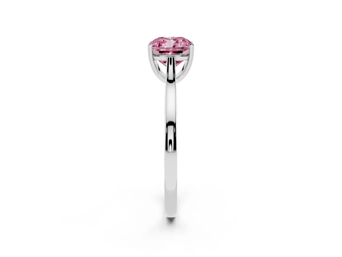 Fancy Pink Cushion Cut Solitaire Heart Prong Engagement Ring with Tapered Band Platinum
