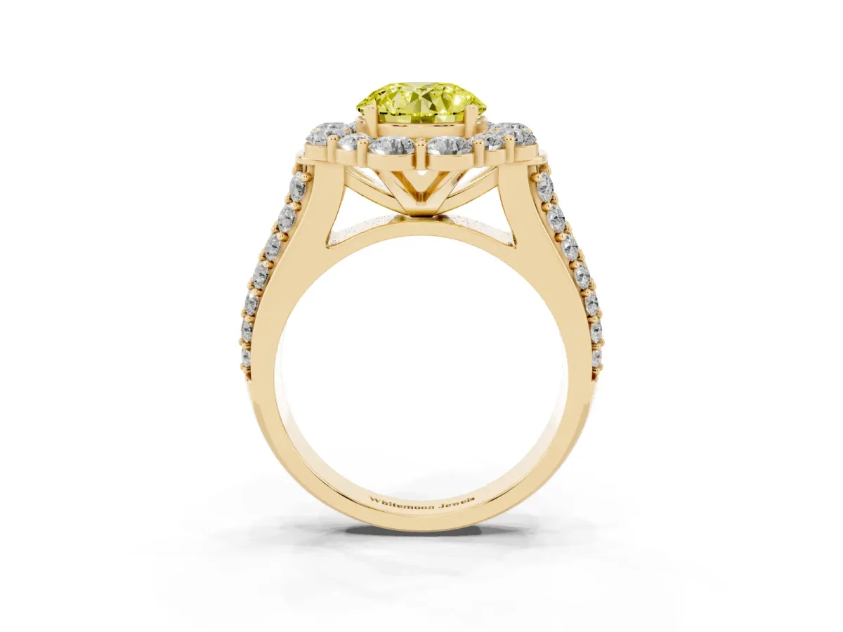 Fancy Yellow Round Cut Halo Diamond Engagement Ring with Split Shank and Prong Setting Yellow gold