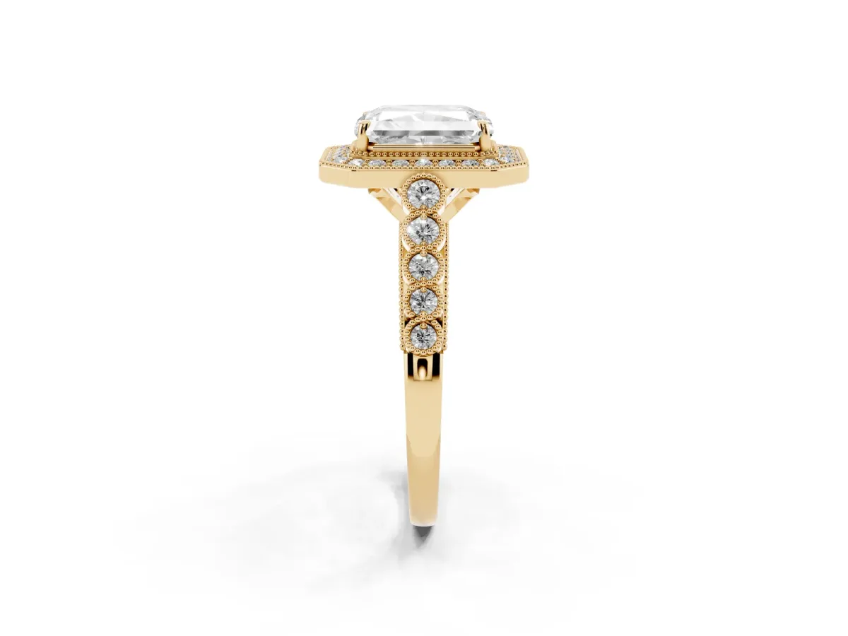 Radiant Cut Halo Milgrain Solitaire with Bezel Set Side Stones and Pave Band Yellow gold