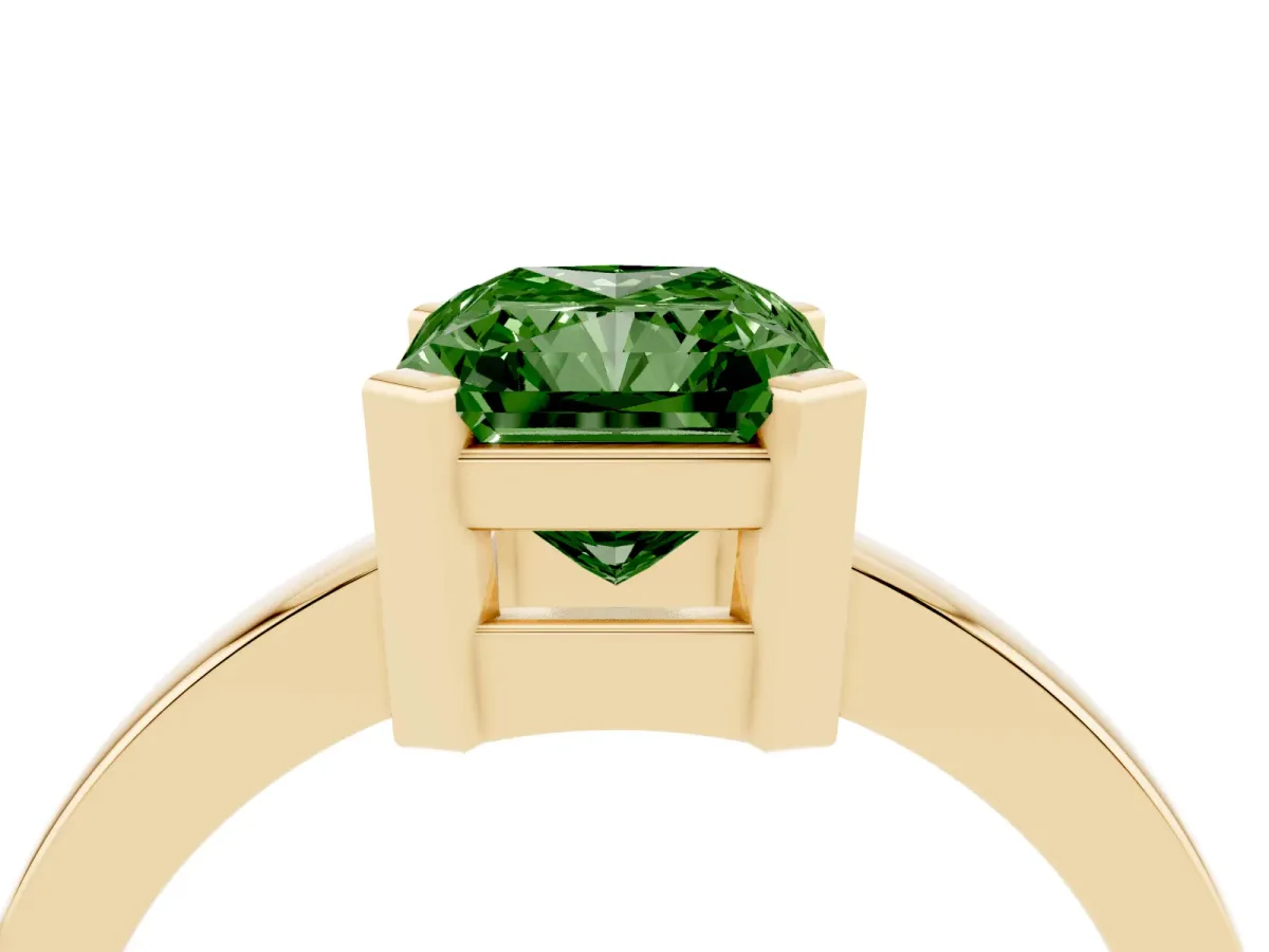 Fancy Green Radiant Cut Cut Solitaire Ring with Four-Prong Setting and Classic Band Yellow gold