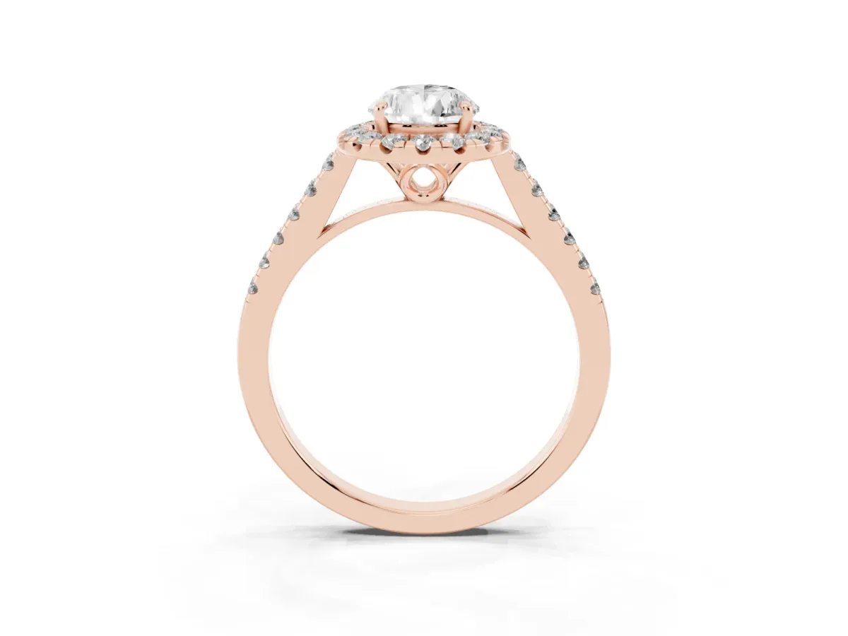 Pear Cut Halo Pavé Diamond Engagement Ring with Four-Prong Setting Rose gold