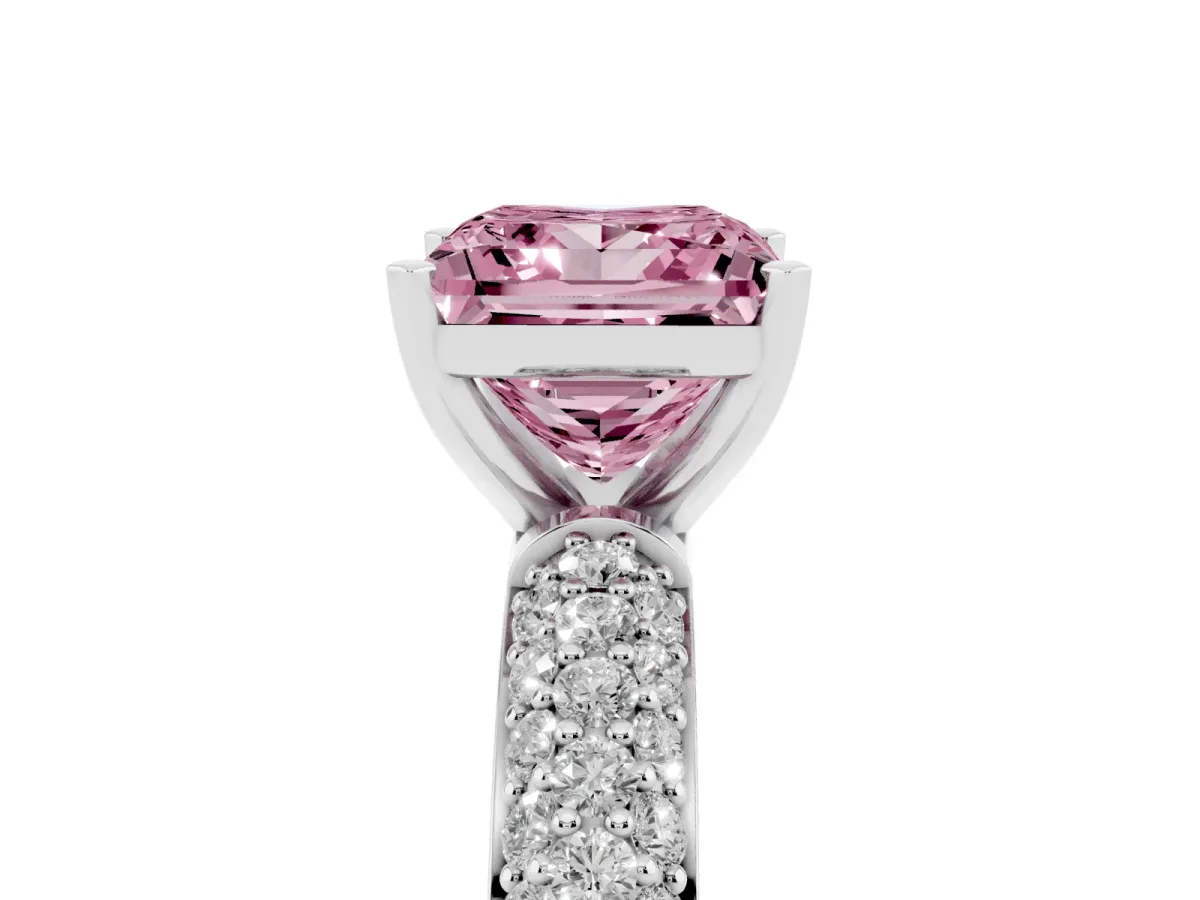 Fancy Pink Princess Cut Diamond Solitaire Ring with Prong Setting and Pavé Band Platinum