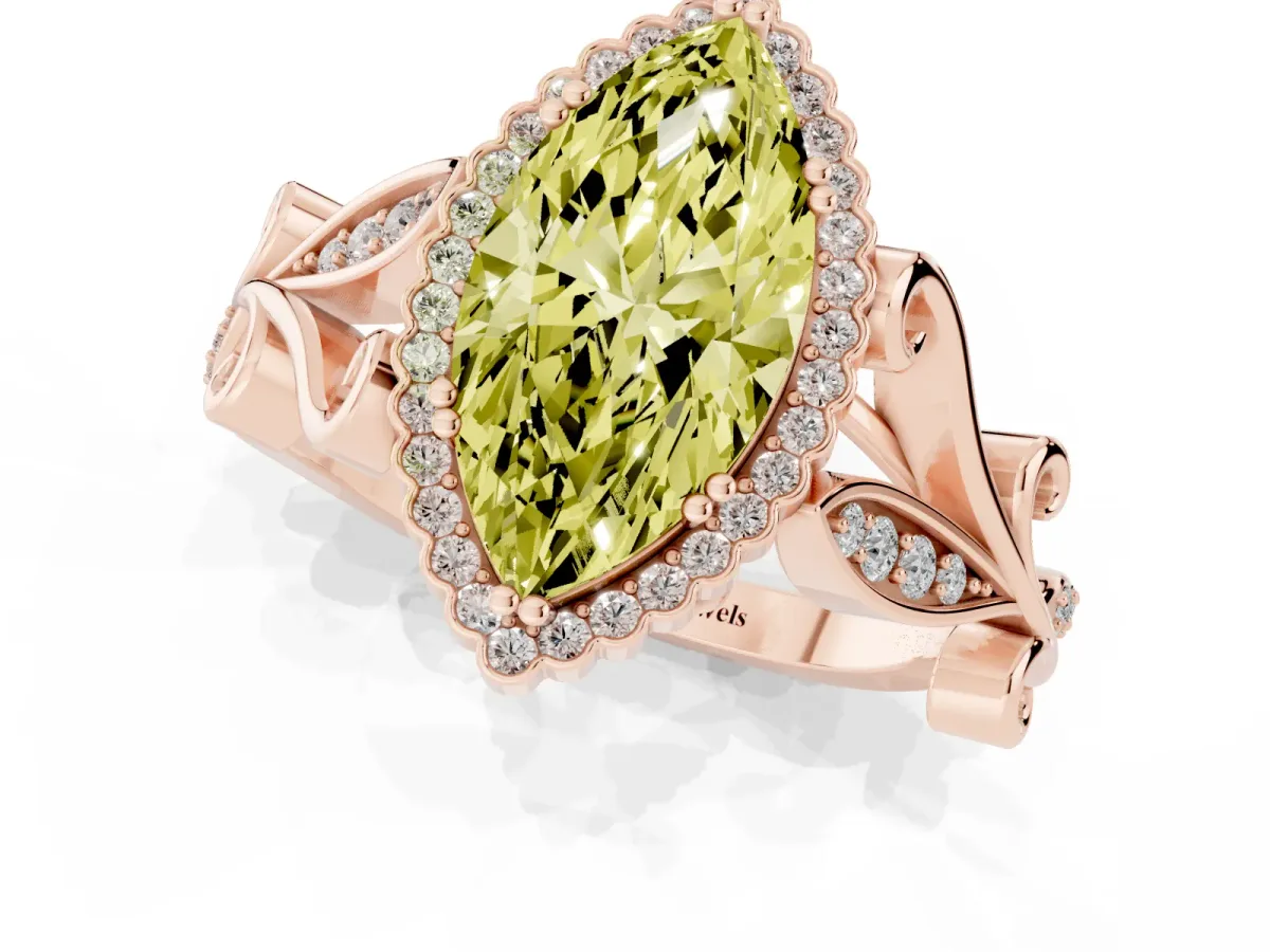 Fancy Yellow Marquise Cut Diamond Halo Ring with Vintage Split Shank and Four-Prong Setting Rose gold
