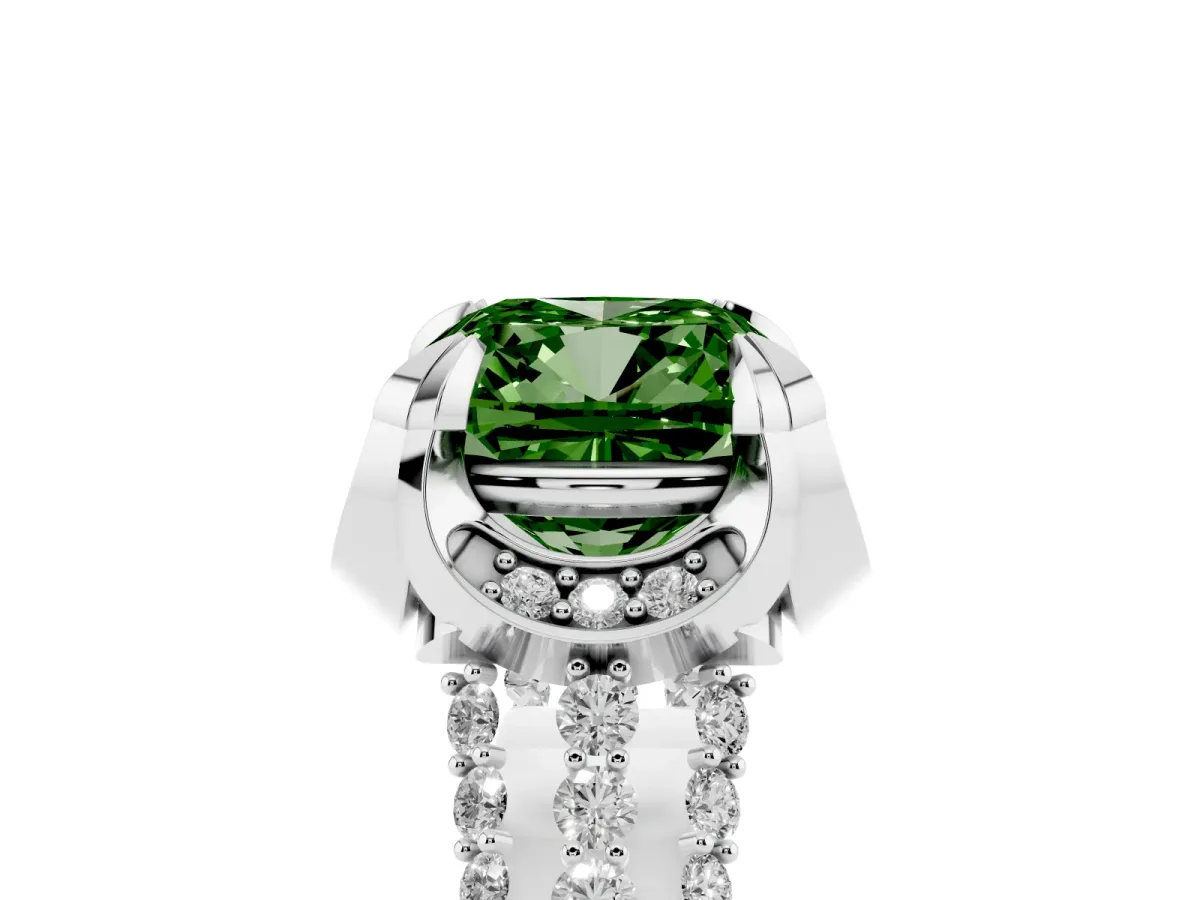 Fancy Green Cushion Cut Solitaire Pave Split Shank Ring with Four-Prong Setting Silver