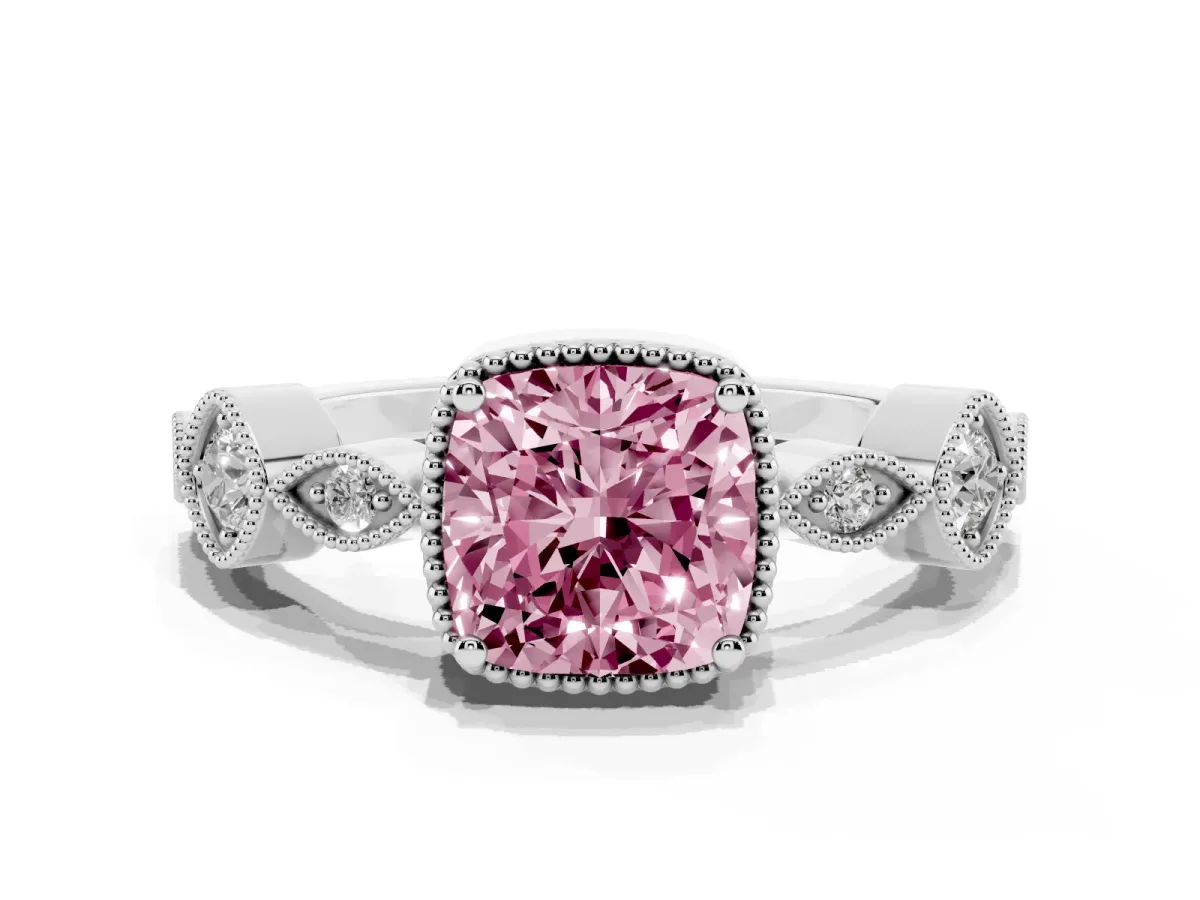 Fancy Pink Cushion Cut Diamond Vintage Milgrain Ring with Round Stations Silver