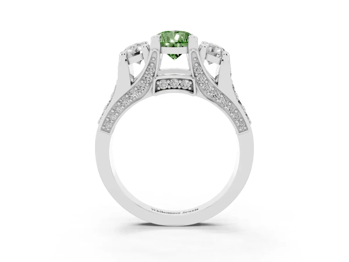 Fancy Green Pear Cut Diamond Three-Stone Ring with Channel Set Band and Four-Prong Setting Silver
