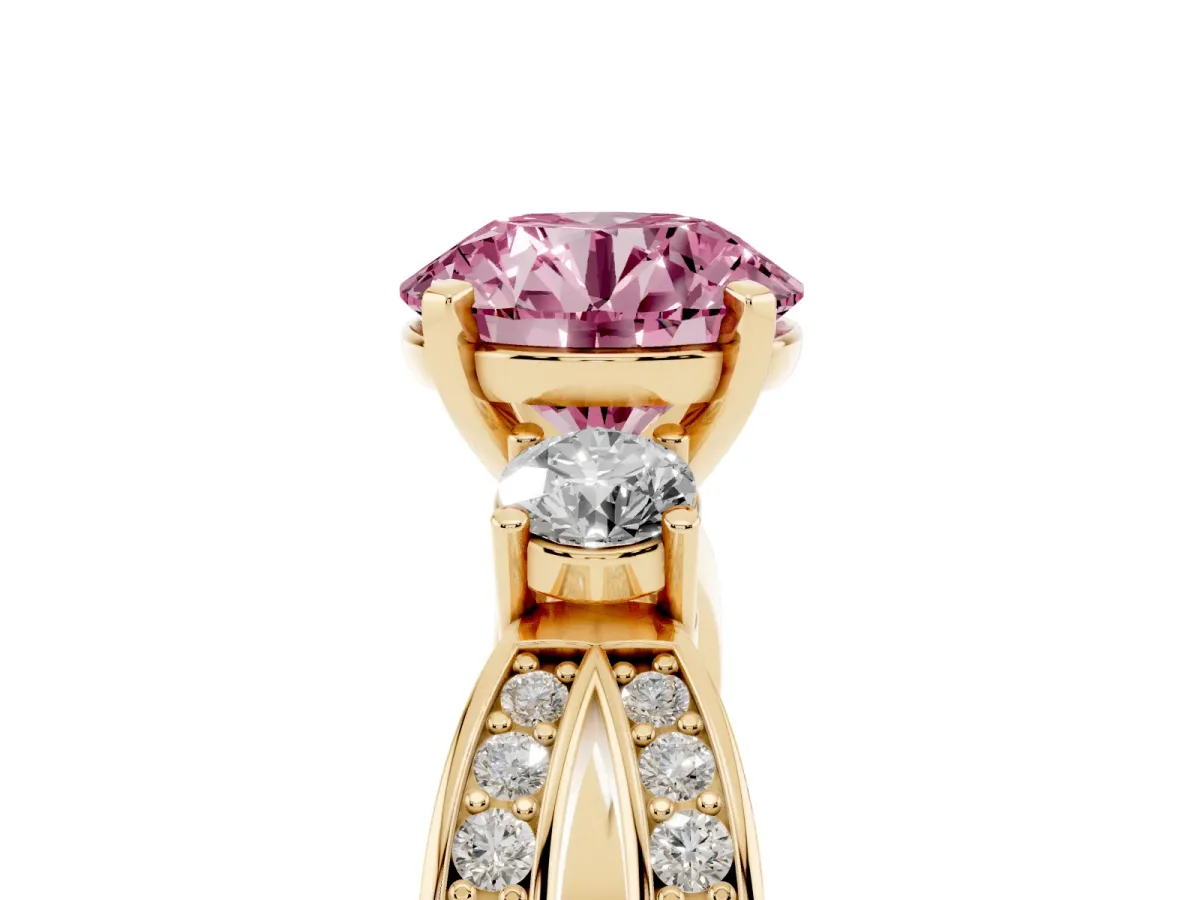 Fancy Pink Three-Stone Round Cut Cut Diamond Twist Band with Prong Setting Yellow gold