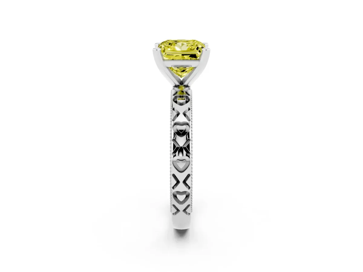 Fancy Yellow Princess Cut Solitaire Diamond Engagement Ring with XO Engraved Band and Four-Prong Setting Silver