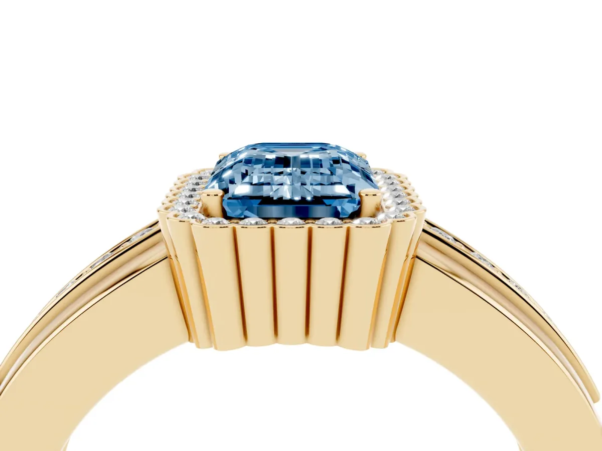 Fancy Blue Emerald Cut Cut Halo Pave Band Four-Prong Ring Yellow gold