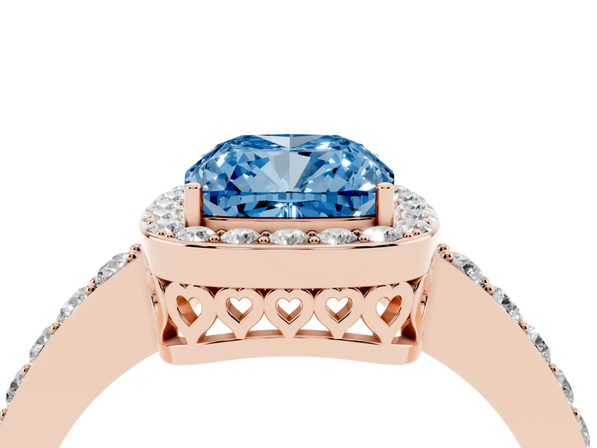 Fancy Blue Cushion Cut Halo Diamond Pavé Band Ring with Prong Setting Rose gold