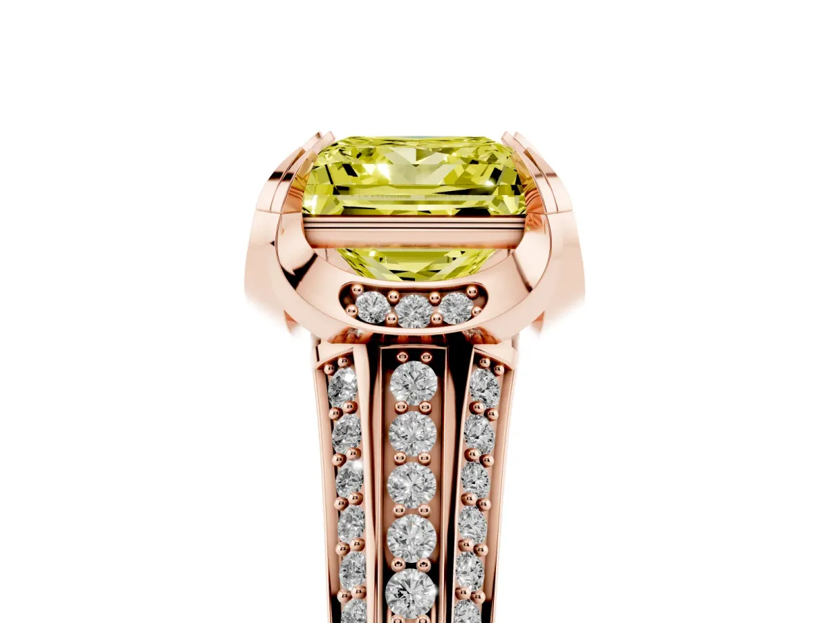 Fancy Yellow Princess Cut Solitaire Pave Split Shank Ring with Four-Prong Setting Rose gold