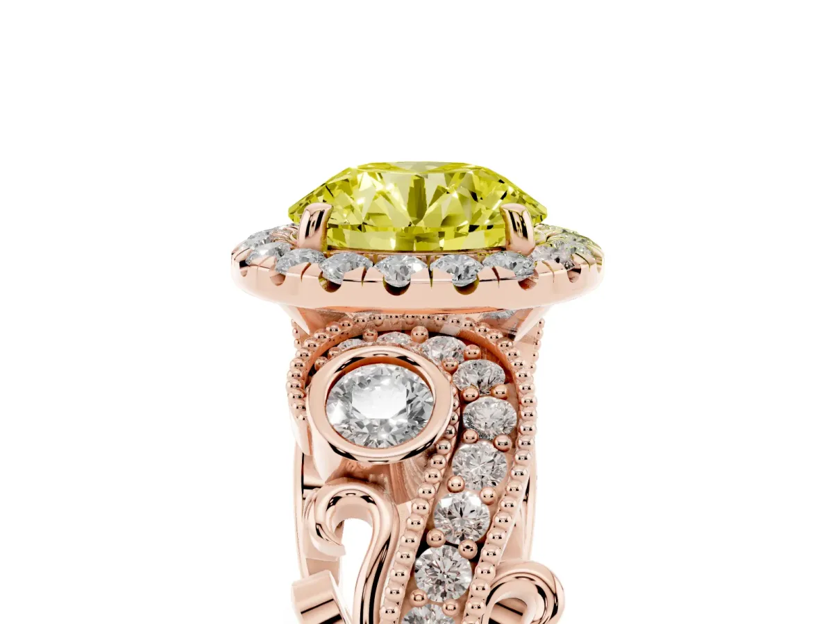 Fancy Yellow Round Cut Diamond Halo Ring with Milgrain Pavé Band and Four-Prong Setting Rose gold