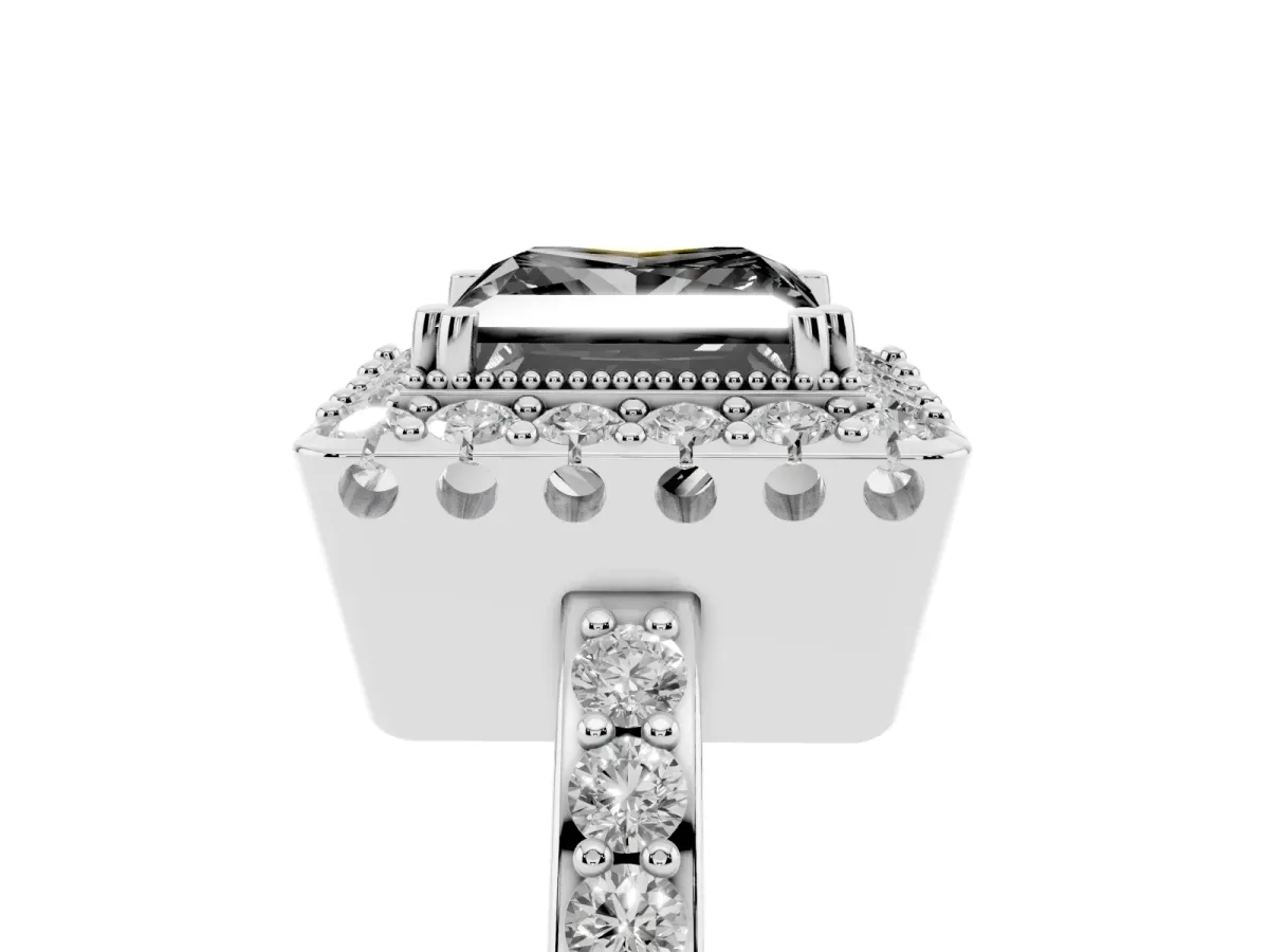 Fancy Black Princess Cut Diamond Halo Ring with Pavé Band and Prong Setting Platinum