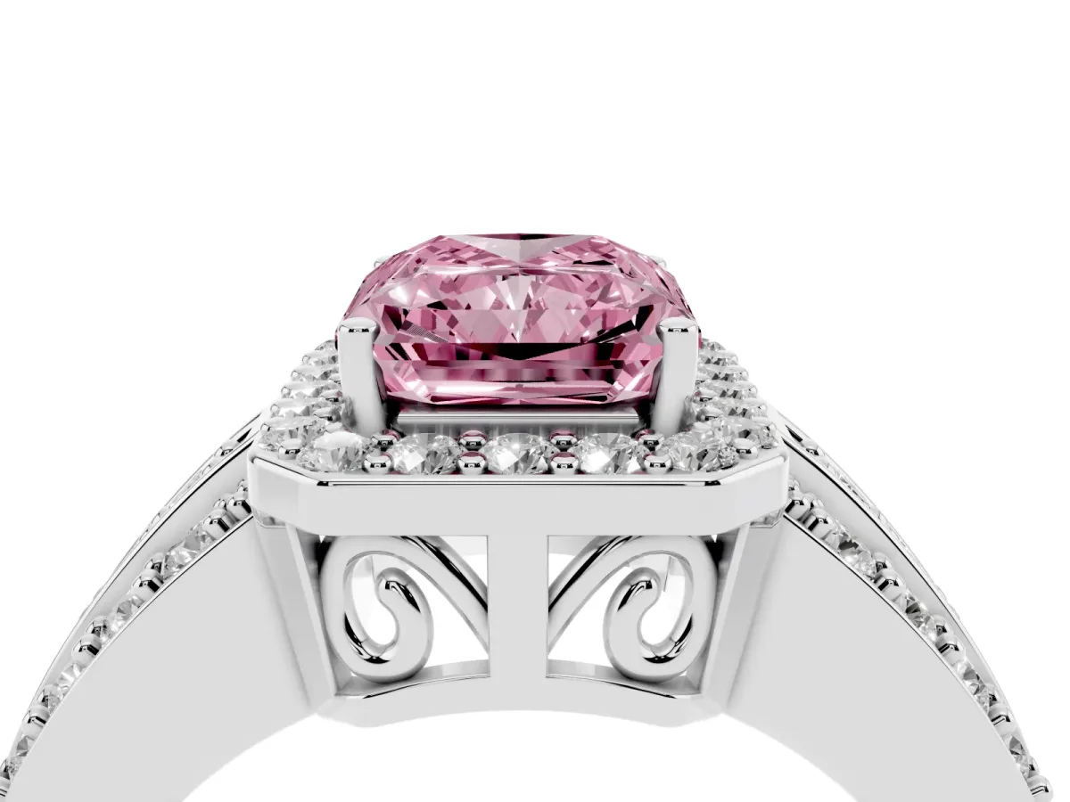 Fancy Pink Radiant Cut Halo Diamond Ring with Round Split Shank and Prong Setting Platinum