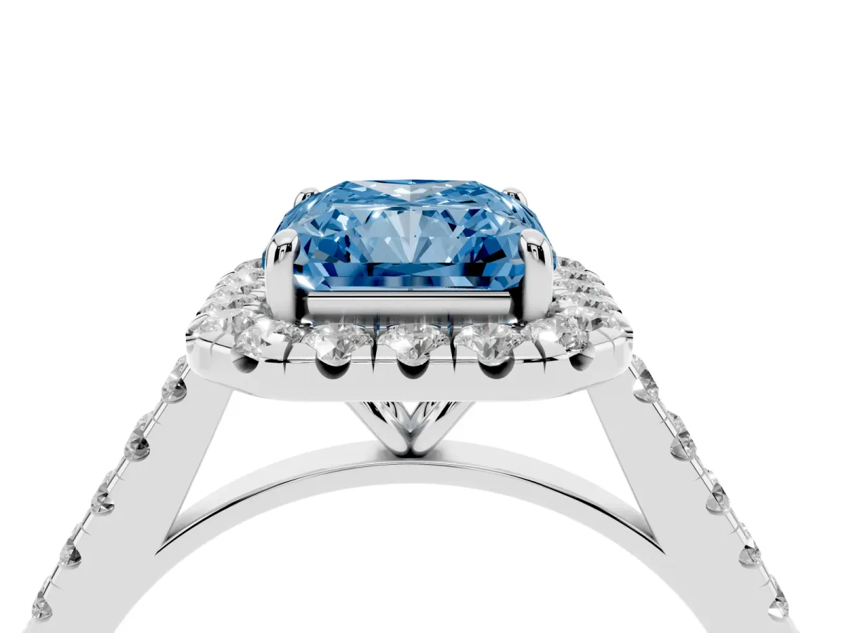 Fancy Blue Radiant Cut Halo Pave Diamond Engagement Ring with Four-Prong Setting Silver