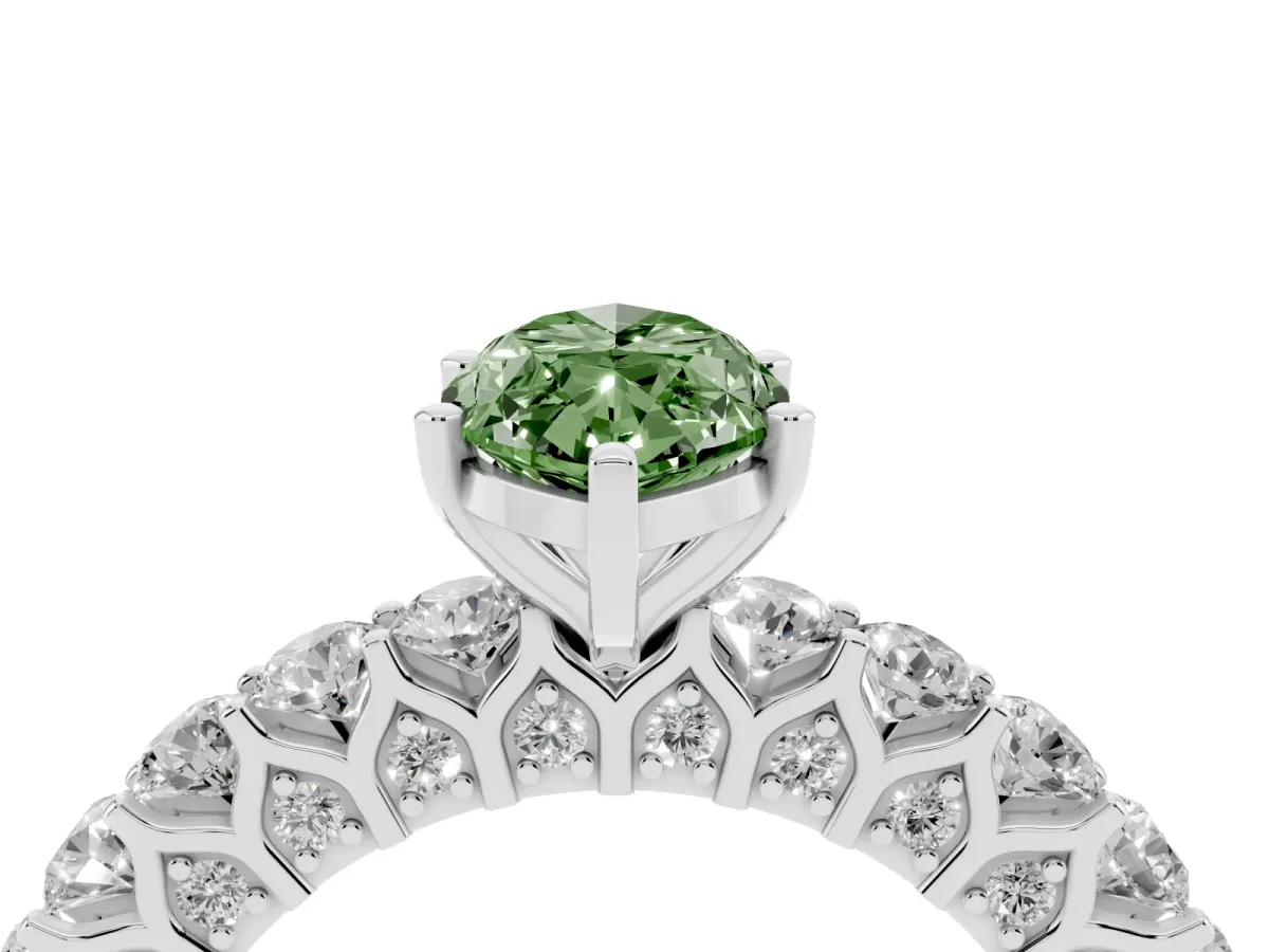 Fancy Green Marquise Cut Diamond Solitaire Ring with Shared Prong Pavé Band and Four-Prong Setting White gold