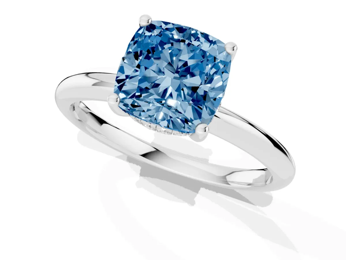 Fancy Blue Cushion Cut Cut Solitaire Engagement Ring with Four-Prong Setting and Classic Band White gold