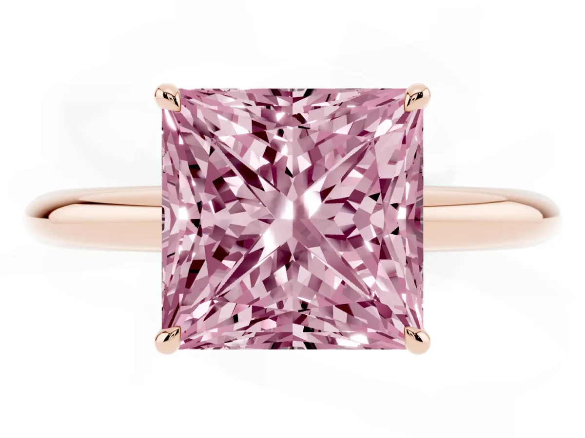 Fancy Pink Princess Cut Brilliant Solitaire Engagement Ring with Six-Prong Setting and Classic Band Rose gold