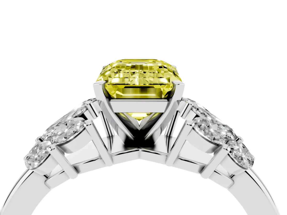 Fancy Yellow Emerald Cut Diamond Cluster Leaf Design Ring with Prong Setting White gold