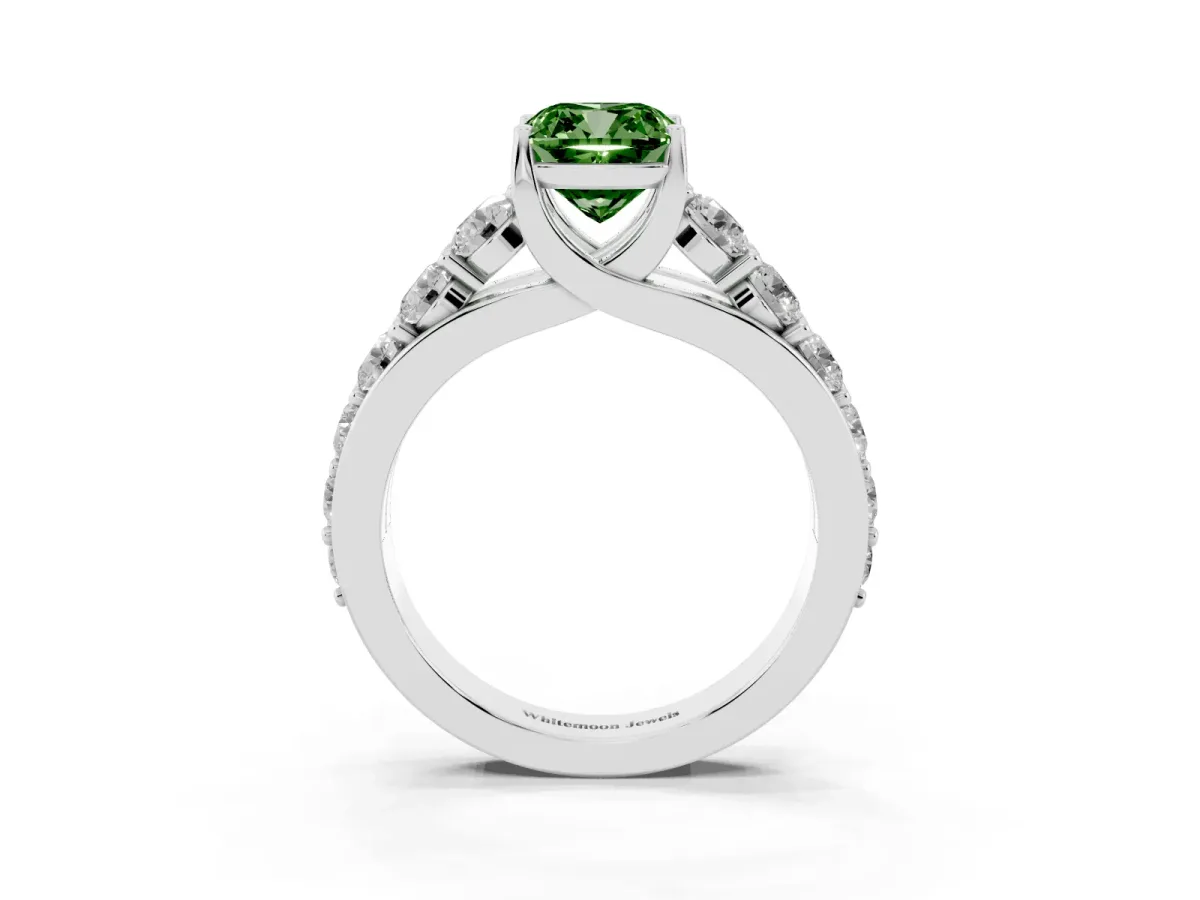 Fancy Green Cushion Cut Diamond Engagement Ring with Pavé Band and Four-Prong Setting Platinum