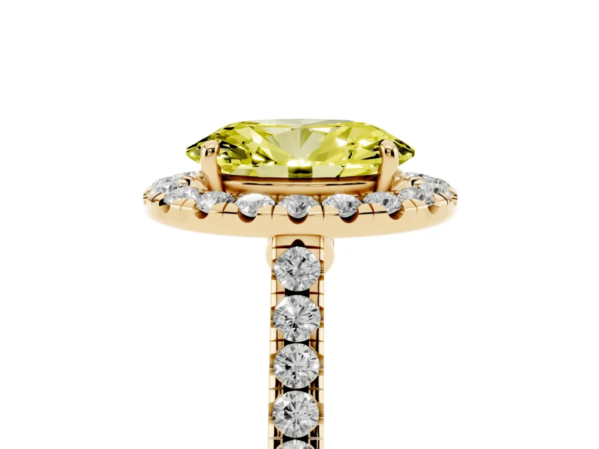 Fancy Yellow Oval Cut Halo Pave Diamond Engagement Ring with Four-Prong Setting Yellow gold