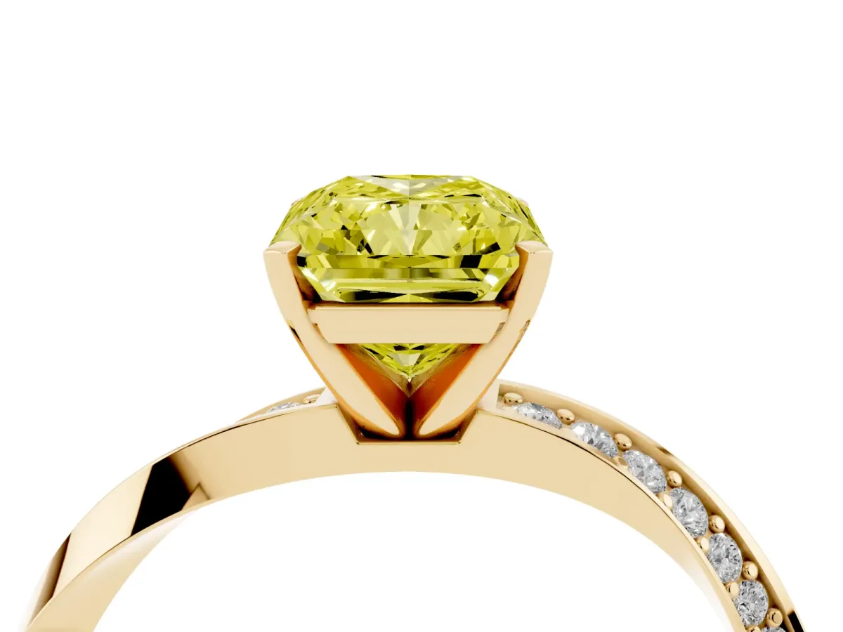 Fancy Yellow Radiant Cut Diamond Engagement Ring with Side Stone Accents and Four-Prong Setting Yellow gold