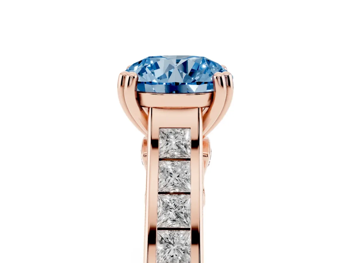 Fancy Blue Round Cut Cut Channel Set Solitaire Engagement Ring with Prong Setting Rose gold